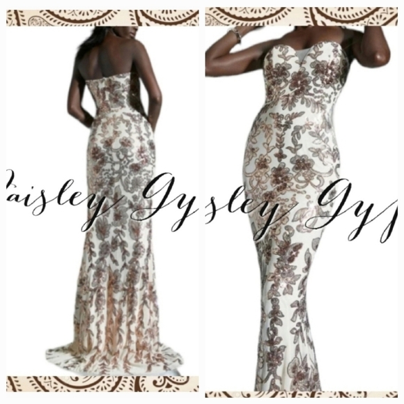 Exquisite Contrast Sequin Floral Beige Creme & Chocolate Sleeveless Fo… - Picture 1 of 15